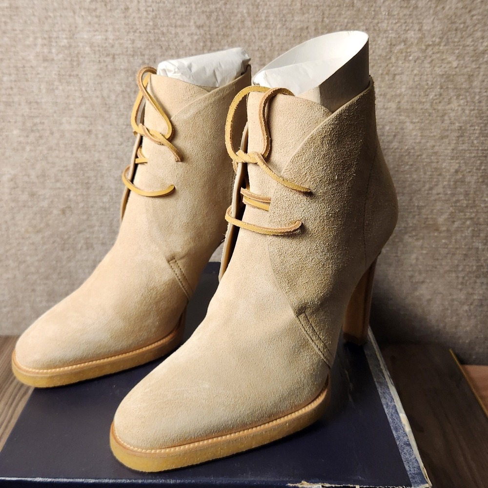 Ralph Lauren Ankle Boots Womens 8 Tan Suede Lace Up High Heel Chukka Booties